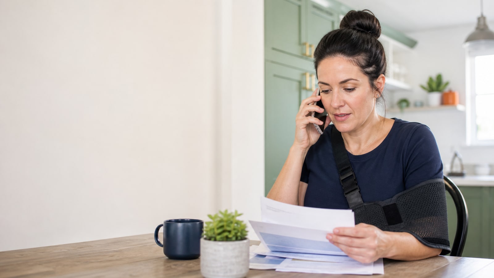 A woman with her arm in a sling reviewing claim paperwork at her kitchen table while speaking by phone